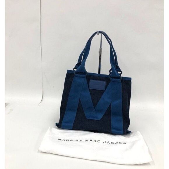 Marc Jacobs Denim Tote Bag Large Blue Two Tone M Logo Carry All Casual Everyday - Picture 1 of 15